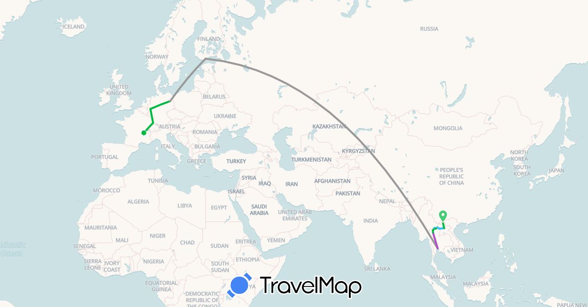 TravelMap itinerary: driving, bus, plane, train, boat in Germany, Finland, France, Laos, Thailand (Asia, Europe)